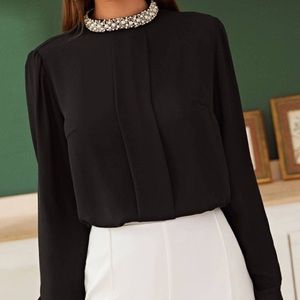 Bejeweled Mock Neck | Gemmed Blouse | Work Blouse